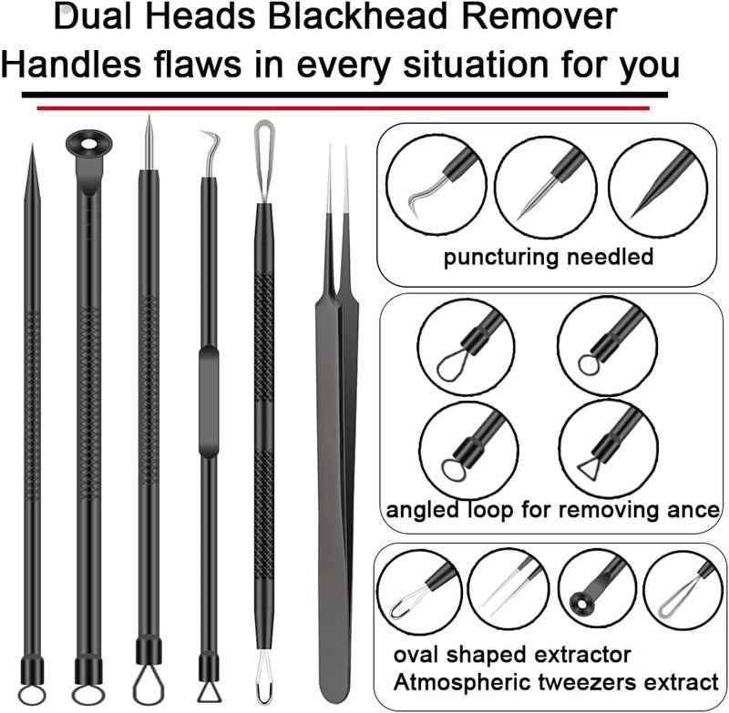 BLAAROOM Pimple Popper Tool Kit, 6 Pcs Blackhead Remover Acne Needle Tools Set Removing Treatment Comedone Whitehead Popping Zit for Nose Face Skin Blemish Extractor Tool - Black - Image 3